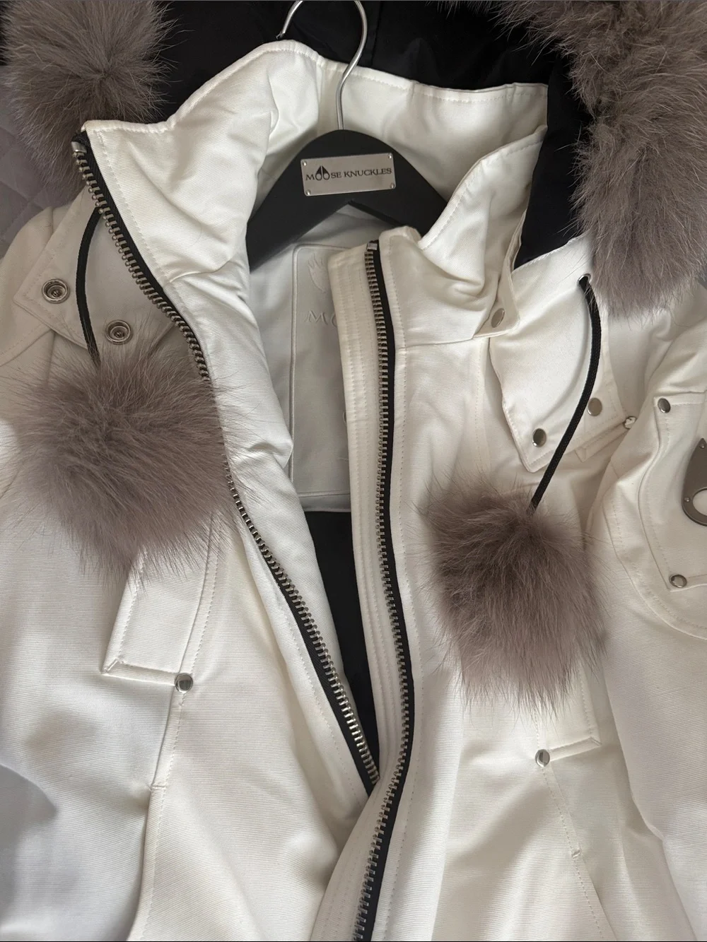 Moose Knuckles Ivory Hooded Bomber with Taupe Fur Trim